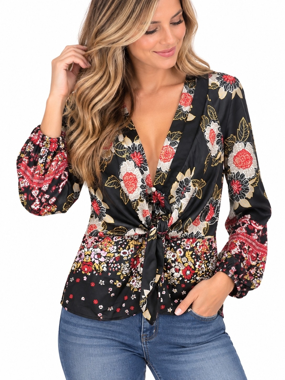 Free People Black Floral Tie-Front Blouse Wide Sleeves XS